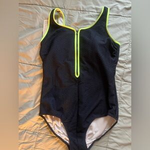Women’s Black One-Piece Swimsuit with Neon Trim and Front Zip